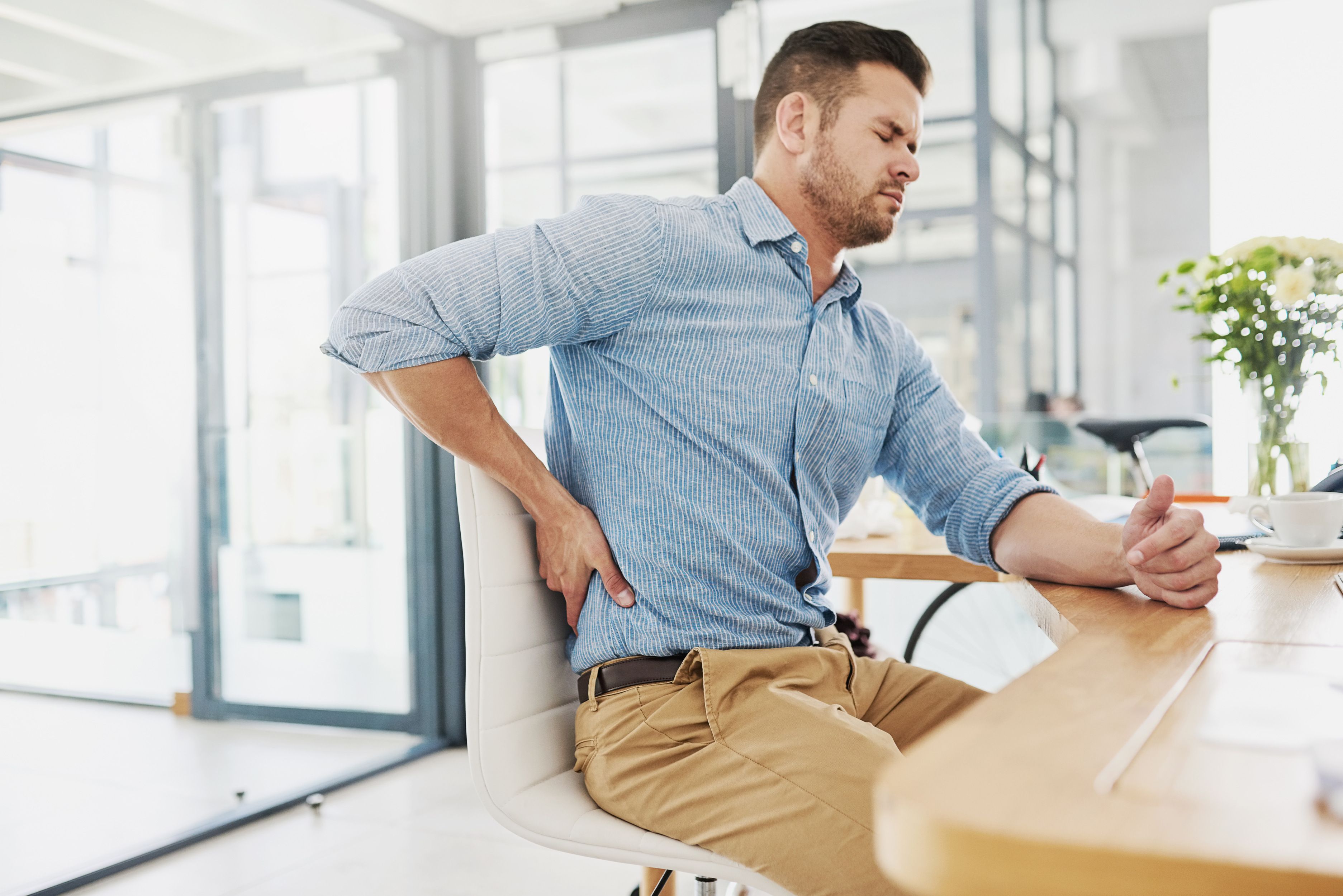 business man back pain stress office with burnout fatigue muscle injury desk businessman tired body rub with ache frustrated problem with accident emergency osteoporosis