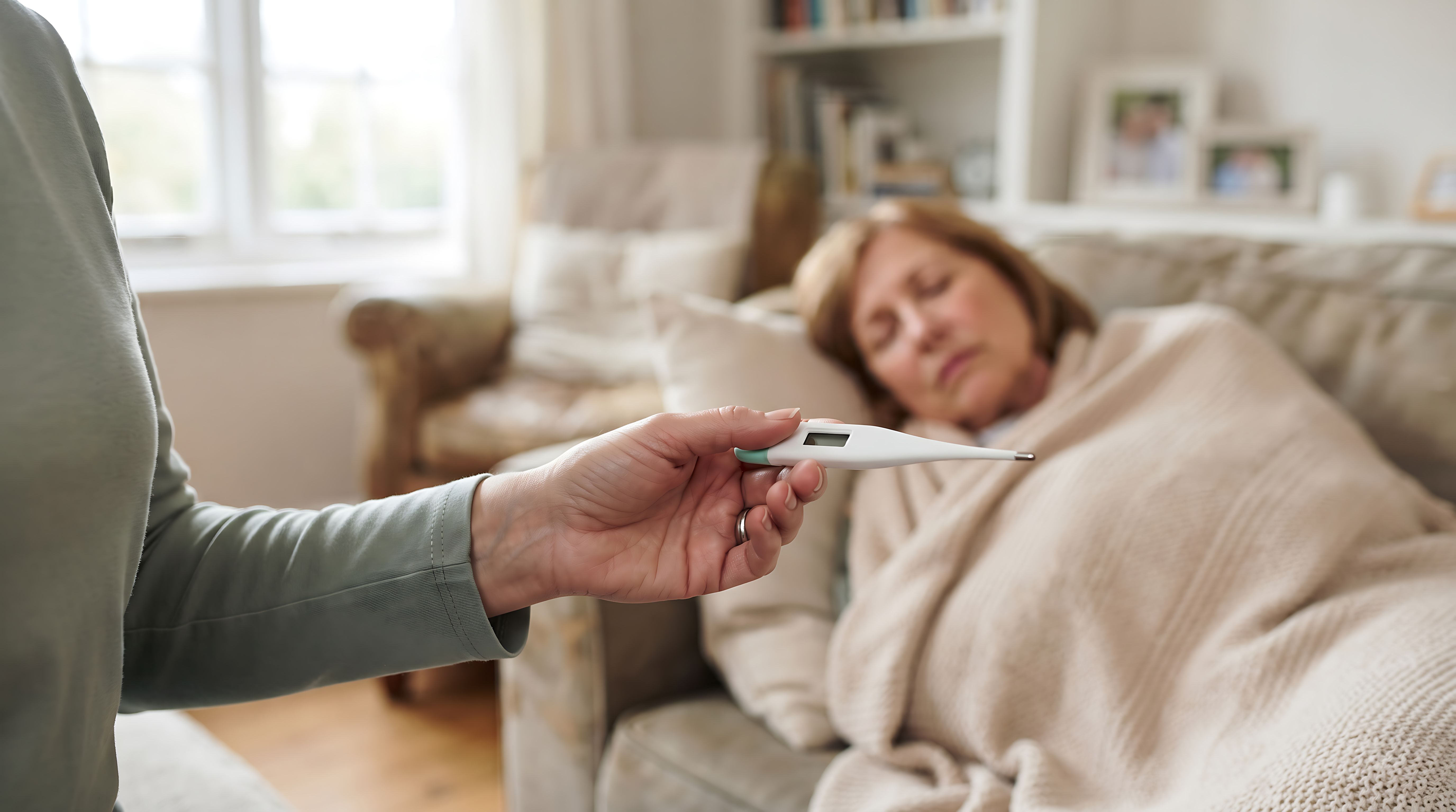 person checking temperature elderly woman home