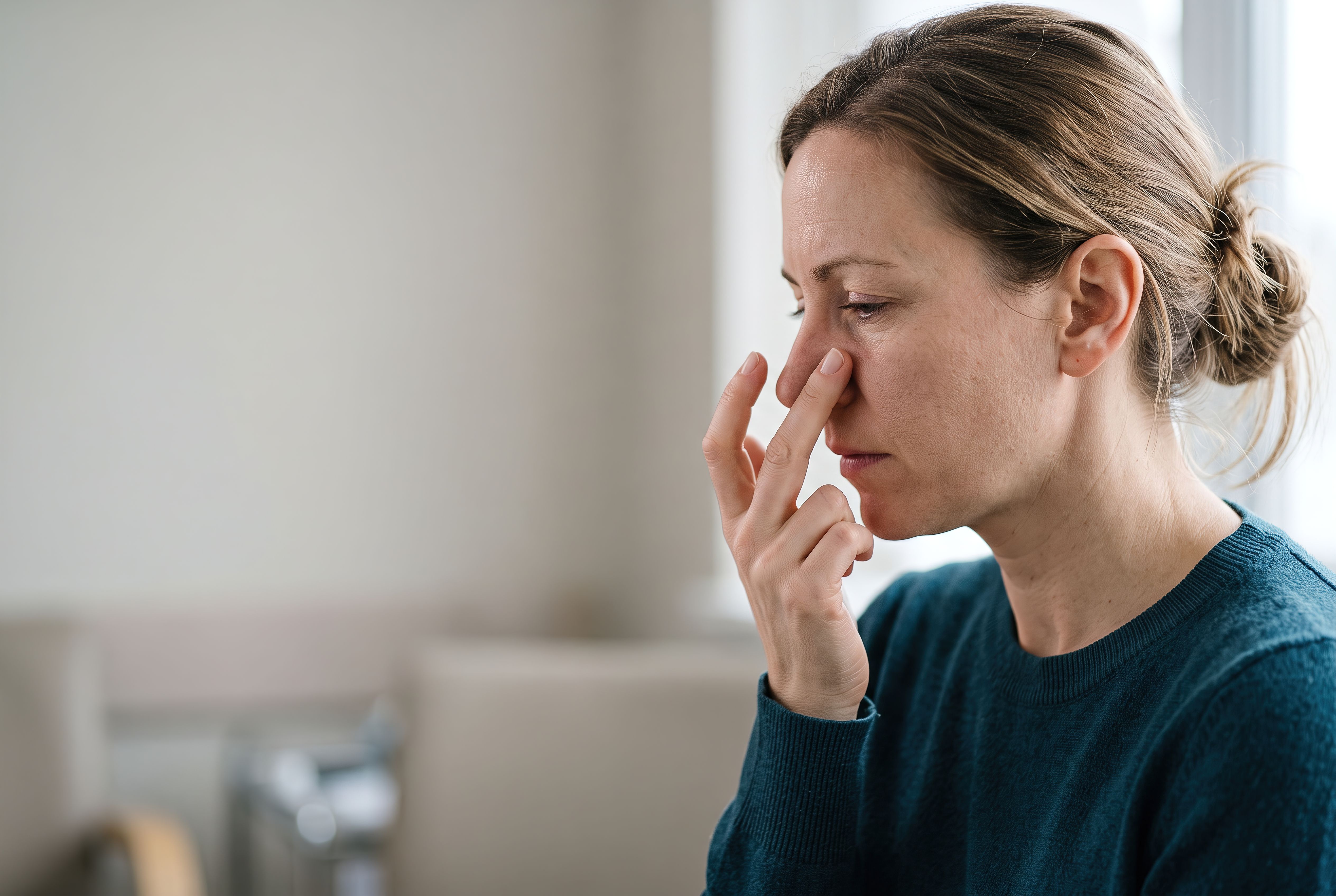 woman sits chair inside quiet room she touches her face with her fingers looking serious focused sunlight comes through window illuminating space