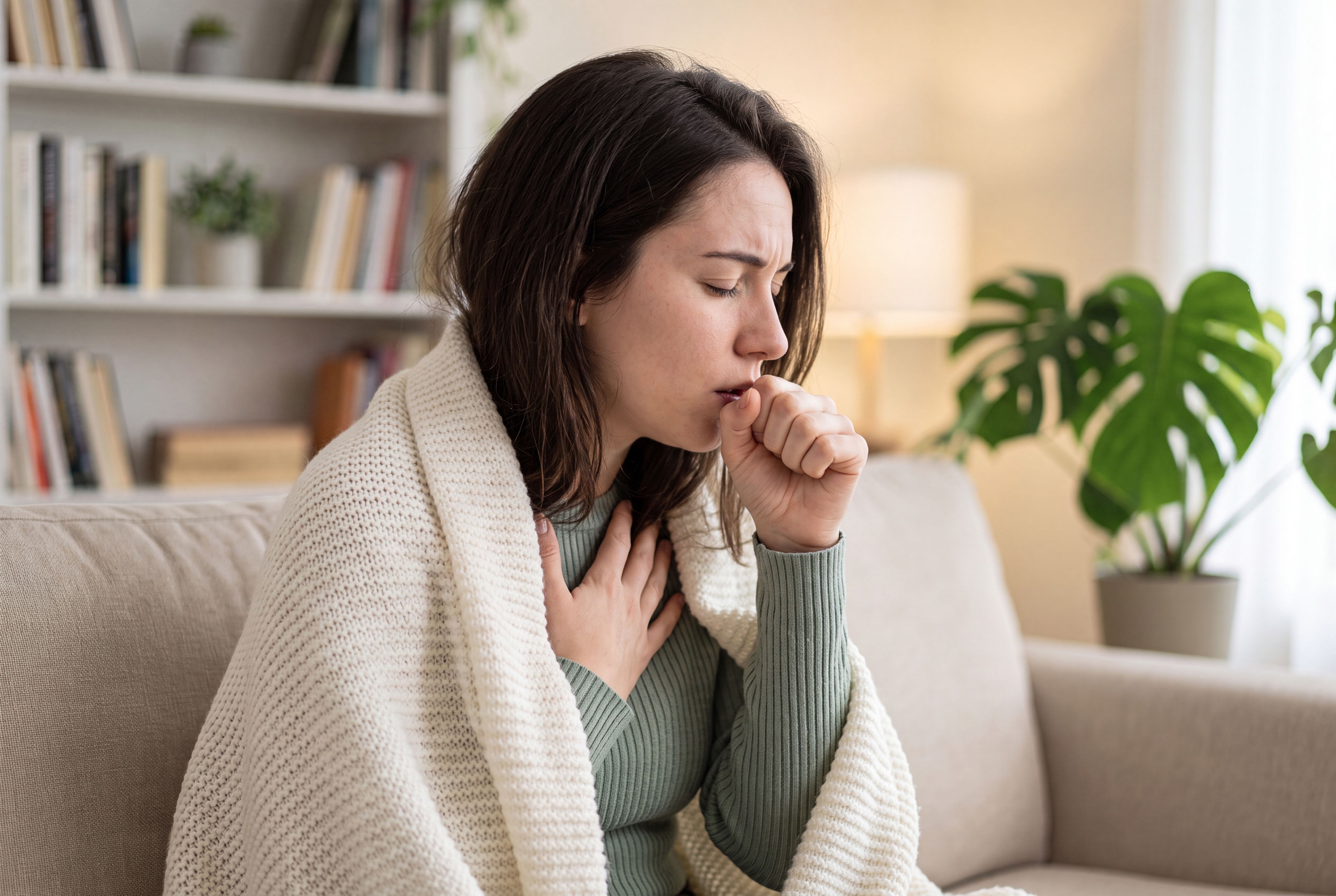 young woman coughing while sitting sofa home